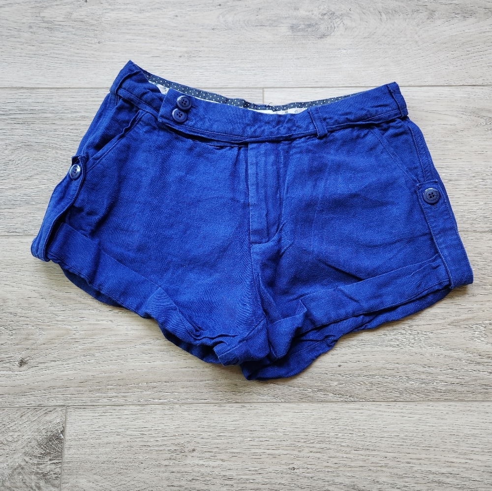 Esley Royal Blue Linen Shorts Womens Size Small Folded Cuffed Buttons Pockets